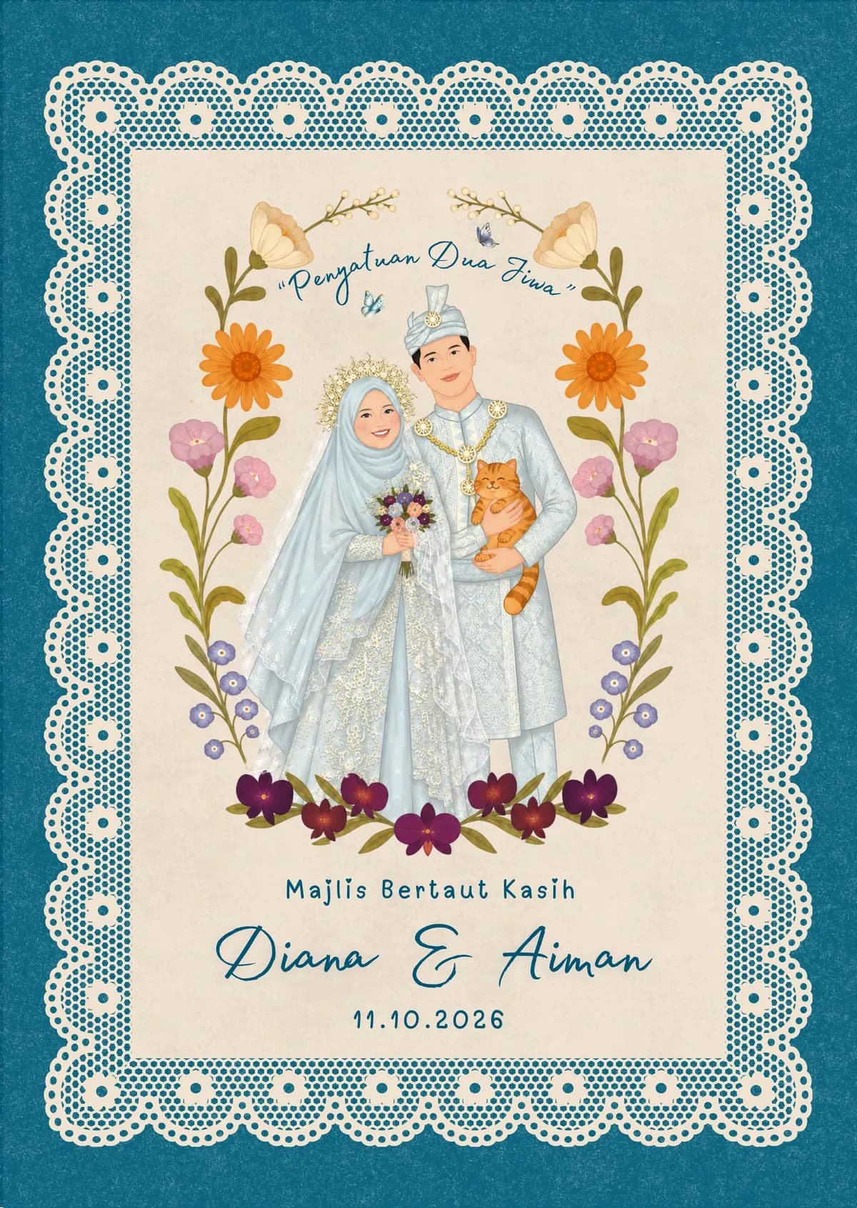An illustration of Aiman and Diana in traditional Malay wedding attire, framed by a wreath of flowers, with a cat in Aiman's arms, under the words Majlis Bertaut Kasih and the date 11.10.2026